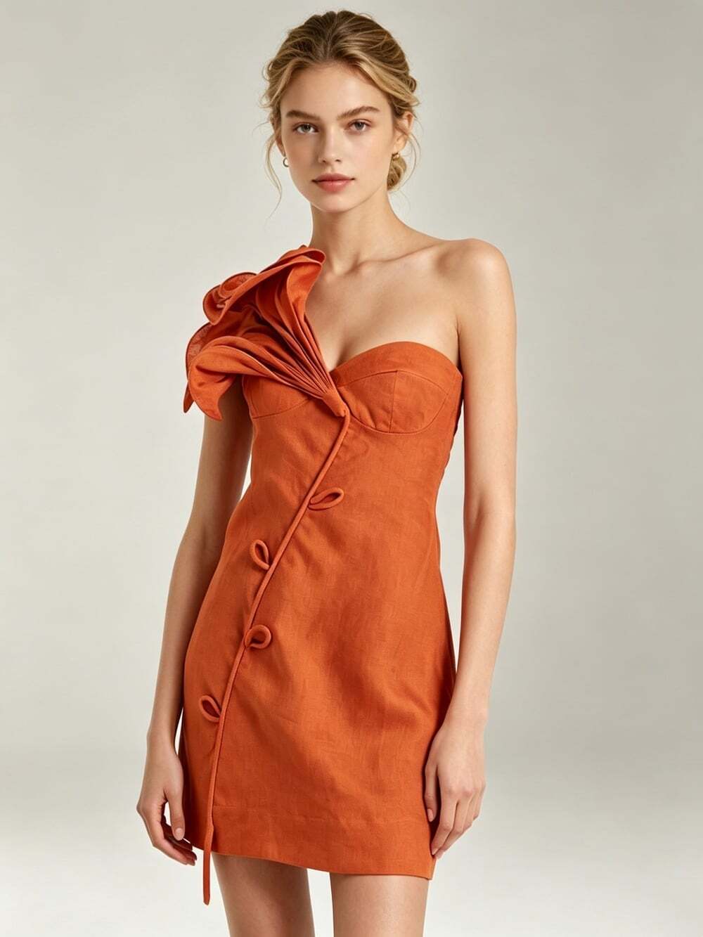 NWOT Farm Rio Linen 3D Flower Sculptural One-Shoulder Mini Dress Size XXS